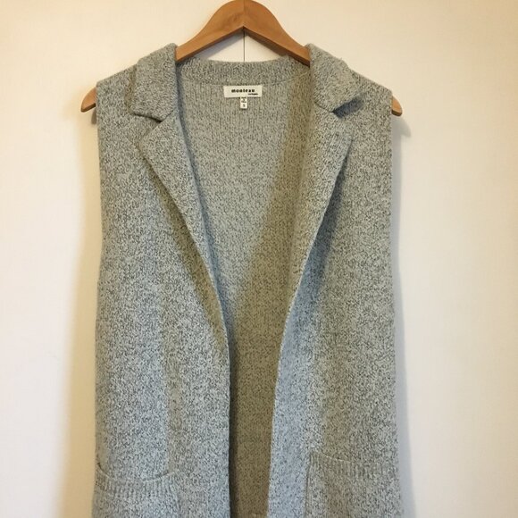 Monteau Long Grey Knit Pocketed Sleeveless Open Cardigan - Picture 3 of 16